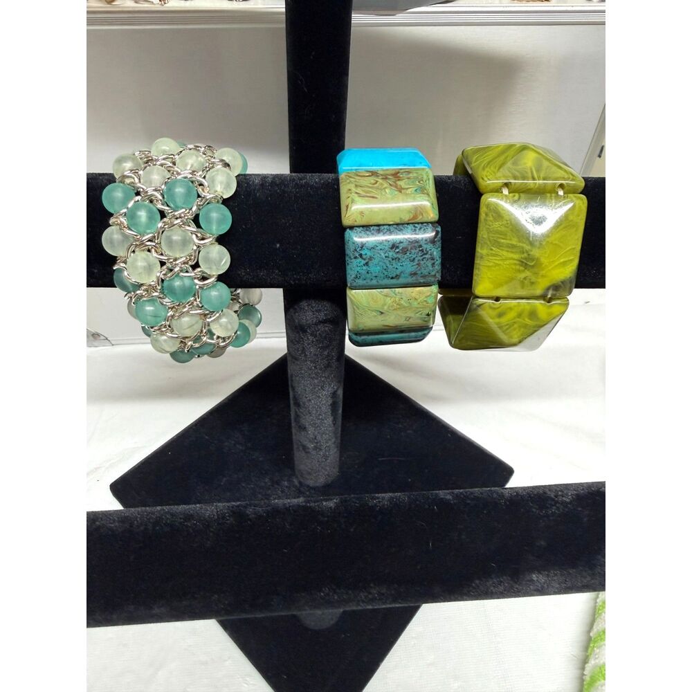 Vintage Chunky Plastic Stretch Bracelets Panel & Beaded Blue & Green Tones OSFA